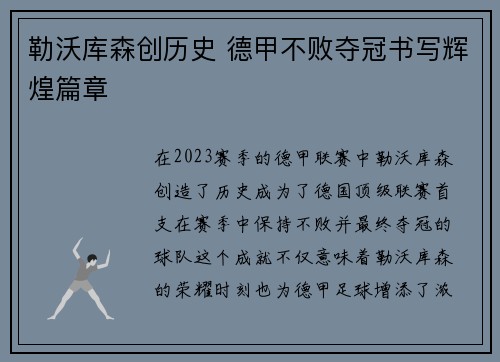勒沃库森创历史 德甲不败夺冠书写辉煌篇章